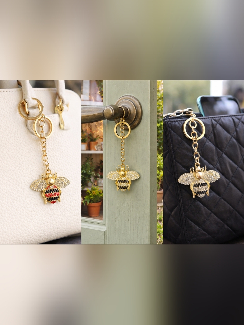 3 Qty Gold Tone Rhinestone‎ Bee Keychains Bag Charms Red, Yellow, Irridecent
